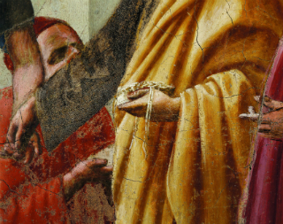 <em>Masaccio</em>. Distribuição das esmolas e morte de Ananias (detalhe)